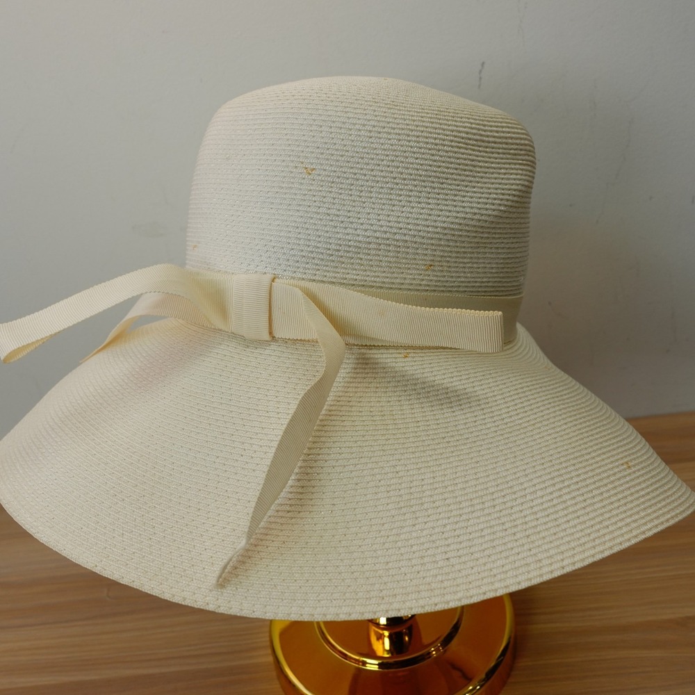 Wide Brim Summer Hat MEDIUM Cream Straw Grosgrain Bow Retro KNOWLTON Original